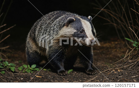 A badger walks through a forest at night 120157171
