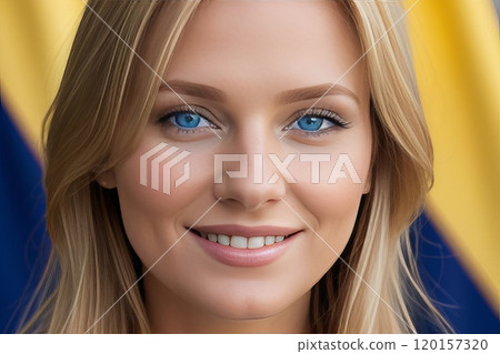 portrait beautiful blonde woman with blue eyes with ukraine flag on background 120157320