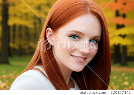 Portrait young woman redhead smile looking at camera with autumn background with trees. 120157342