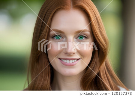 portrait young woman redhead smile looking at camera, park with tree on background 120157378