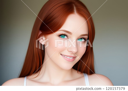Young smiling fun Caucasian ginger woman looking at camera on area mockup isolated on plain pastel light background 120157379