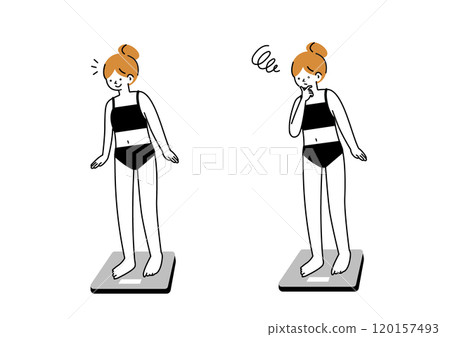 一個女人在檢查體重後感到高興和悲傷 一個女人在檢查體重後感到高興和悲傷 120157493