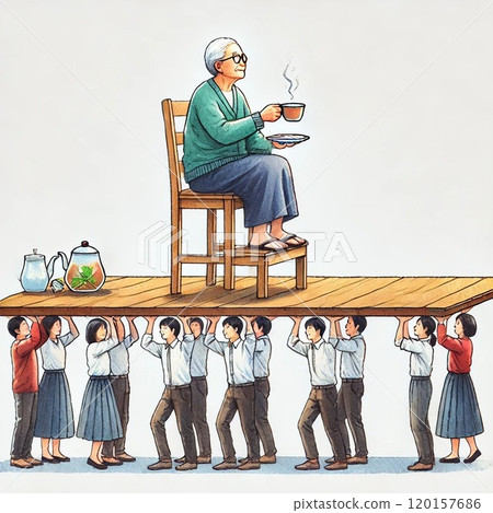 老人在10名年輕人的陪伴下喝茶 120157686