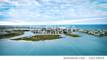 Aerial view over Wrightsville Beach in Wilmington North Carolina 120158043