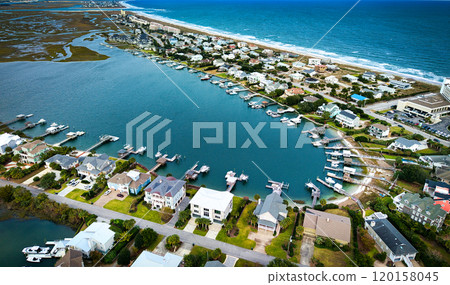 Aerial view over Wrightsville Beach in Wilmington North Carolina 120158045