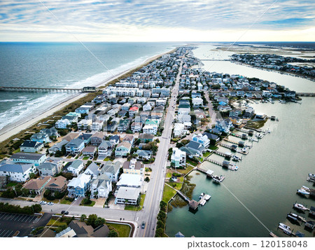 Aerial view over Wrightsville Beach in Wilmington North Carolina 120158048