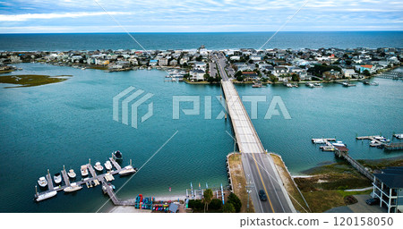 Aerial view over Wrightsville Beach in Wilmington North Carolina 120158050
