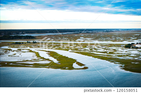 Aerial view over Wrightsville Beach in Wilmington North Carolina 120158051