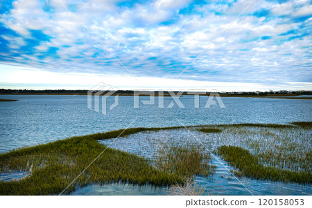 Aerial view over Wrightsville Beach in Wilmington North Carolina 120158053