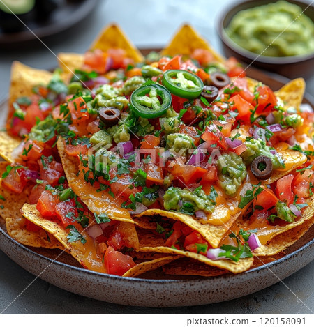 nachos, cheese, tomatoes 120158091
