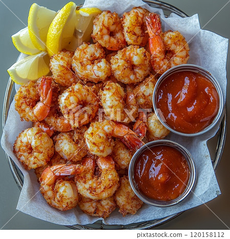 vibrant arrangement crispy fried shrimp accompanies cocktail sauce and lemon wedges pristine white surface showcasing delicious textures and colors. 120158112