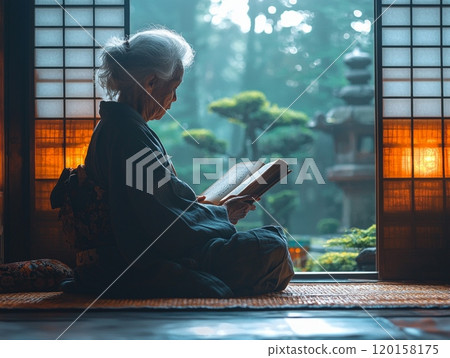 elderly Asian woman sits gracefully tatami mat holding historical text close her chest traditionally decorated bedroom. Morning light illuminates her serene expression. 120158175