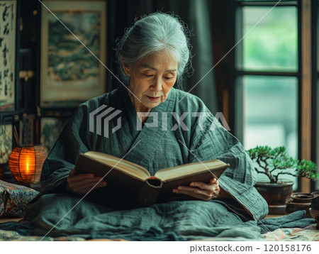 elderly Asian woman sits gracefully tatami mat holding historical book beautifully decorated room filled traditional furnishings and natural morning light. 120158176