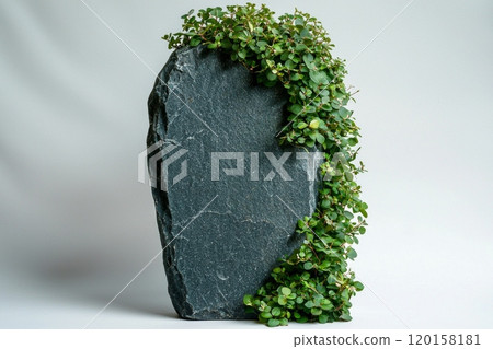eco friendly slate marker tombstone features smooth matte surface minimal engravings emphasizing sustainability and minimalist aesthetic. 120158181