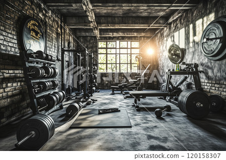 Modern Gym Interior with Fitness Equipment and Lighting 120158307