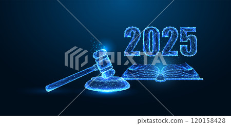 2025 Change in legislation concept with open book, gavel, and 2025 digits on dark blue background.  120158428