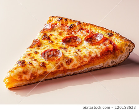 delicious slice pepperoni pizza rests clean white backdrop highlighting its crispy crust rich tomato sauce and perfectly melted cheese vibrant pepperoni slices. 120158628