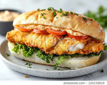 delicious classic fish sandwich showcases crispy fillet nestled soft bun layered lettuce and tomato served alongside tangy tartar sauce dipping. 120158629