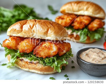 mouthwatering classic fish sandwich showcases crispy fillet layered fresh lettuce and tomato soft bun paired flavorful bowl tartar sauce dipping. 120158630