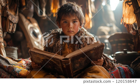 young Indigenous boy deeply absorbed adventure book while seated vibrant rug surrounded traditional decorations and illuminated morning sunlight. 120158647