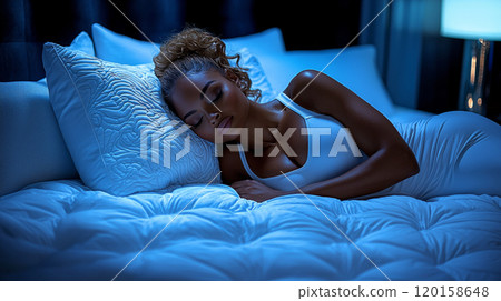 athletic woman toned physique enjoys restful sleep plush bed adorned elegant linens sophisticated hotel suite showcasing city skyline. 120158648