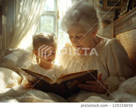 elderly European grandmother reads treasured fairy tale her granddaughter warm inviting bedroom creating magical moment afternoon light. 120158650