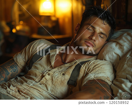 athletic man lies comfortably wooden bed cozy rustic bedroom showcasing well defined physique warm lighting surrounded vintage decor and exposed wooden beams. 120158932
