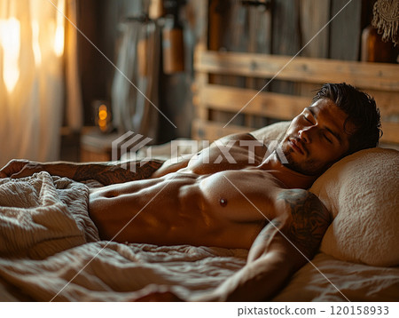 athletic man lies peacefully wooden bed frame surrounded textured linens and warm lighting creating relaxing atmosphere rustic style bedroom. 120158933