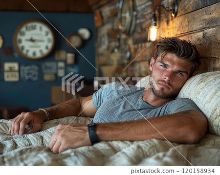 athletic man enjoys deep relaxation while lying comfortable wooden bed embraced warm lighting and rustic decor create tranquil atmosphere. 120158934