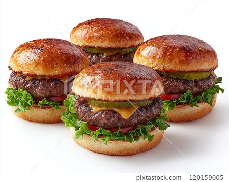 Three classic American sliders are displayed beautifully juicy beef patty melted cheese lettuce tomato and pickles soft toasted buns showcasing vibrant colors and textures. 120159005