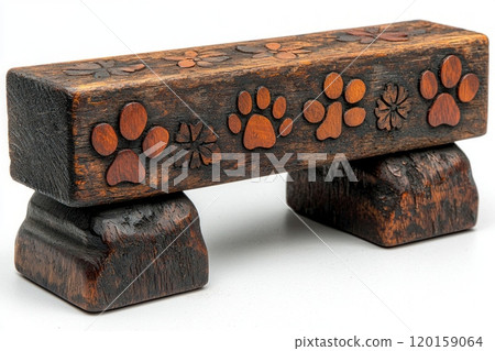 handcrafted rustic wooden memorial displays carved paw prints and simple floral designs. weathered textures enhance organic aesthetic perfect honoring beloved pet. handcrafted rustic wooden memorial displays carved paw prints and simple floral designs. weathered textures enhance organic aesthetic perfect honoring beloved pet. 120159064
