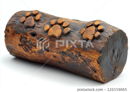 rustic memorial features weathered reclaimed wood carved paw prints and floral designs creating heartfelt tribute beloved pets clean white backdrop. 120159065