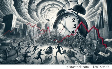 Monochromatic chaos reigns in this cityscape where people and money whirl as a downtrend graph slashes through, dominated by a looming alarm clock. 120159386