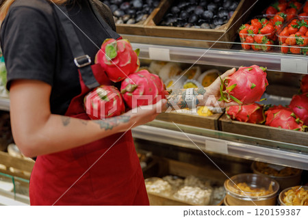 An Attractive Freshly Picked Dragon Fruit Display Found in a Local Market Setting An Attractive Freshly Picked Dragon Fruit Display Found in a Local Market Setting 120159387