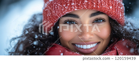 A woman enjoying winter camping in dark, snowy conditions while wearing cozy outdoor attire 120159439