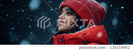 A woman enjoying a snowy camping experience while wearing warm clothes during 120159462