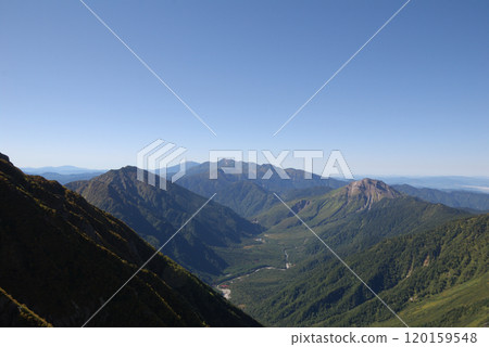秋天的山景晴朗的秋天天空和上高地的全景(乘鞍方向) 秋天的山景晴朗的秋天天空和上高地的全景(乘鞍方向) 120159548