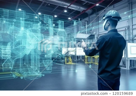 Big data, augmented reality, cyberspace collage Innovative business and modern technologies concept. male entrepreneur in VR headset looks and work with virtual GUI panel. Big data, augmented reality, cyberspace collage Innovative business and modern technologies concept. male entrepreneur in VR headset looks and work with virtual GUI panel. 120159689