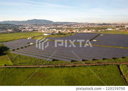 High angle view of solar panels on agricultural High angle view of solar panels on agricultural 120159700