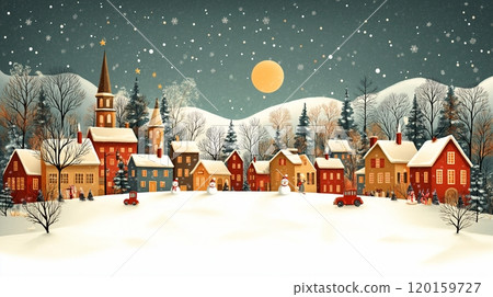 Charming winter village under a starry sky with festive decorations for the holiday season 120159727