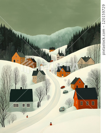 A tranquil winter village landscape with cozy houses surrounded by snow-covered hills 120159729