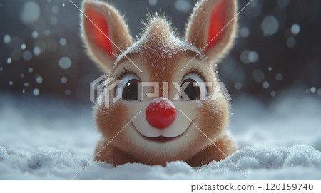 Joyful winter scene featuring a cheerful reindeer in a snowy landscape during the holiday season 120159740