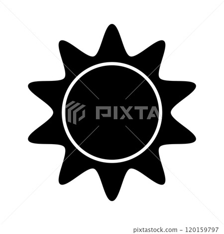 Sun icon. Sunburst, sunlight or sunshine sign. Circular badge, stamp, label or price tag with wavy edges. Black discount, sale, promotion sticker isolated on white background Sun icon. Sunburst, sunlight or sunshine sign. Circular badge, stamp, label or price tag with wavy edges. Black discount, sale, promotion sticker isolated on white background 120159797
