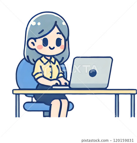 在電腦上工作的女性角色的可愛插圖 在電腦上工作的女性角色的可愛插圖 120159831