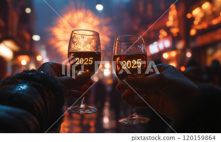 Celebrating the arrival of the vibrant New Year 2025 with cheers and fireworks in the background Celebrating the arrival of the vibrant New Year 2025 with cheers and fireworks in the background 120159864