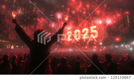 Welcoming 2025 with fireworks and joyful crowds at a vibrant New Year Eve celebration! 120159867
