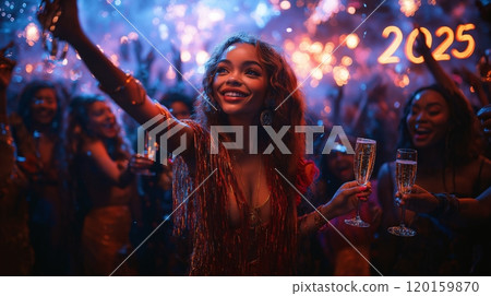 Celebrating the arrival of 2025 in a vibrant New Year's Eve party surrounded by joyful friends 120159870