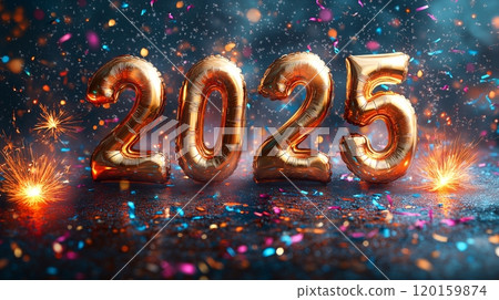Celebrate the arrival of the new year 2025 with golden balloons and festive decorations 120159874