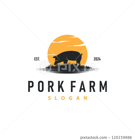 Pig logo grilled pork pig simple rustic stamp vector emblem livestock barbecue BBQ vintage design inspiration 120159986