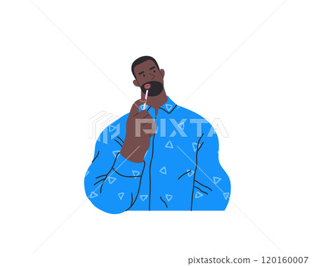Thinking people, modern flat vector concept illustration- man standing thoughtfully, looking upwards. Metaphor for reflection, analysis, introspection, contemplation, deep thought 120160007